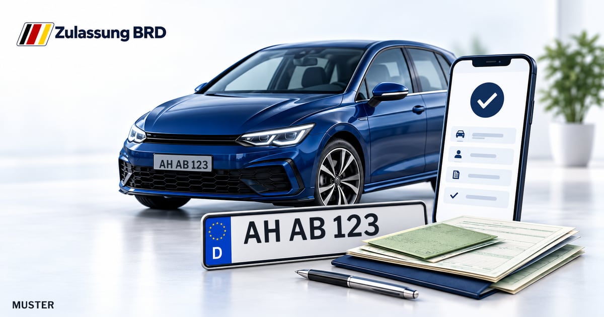 Online Fahrzeugzulassung in Bocholt: Musterkennzeichen AH AB 123, Auto und Fahrzeugpapiere und Smartphone. Illustration mit Logo von Zulassung BRD.